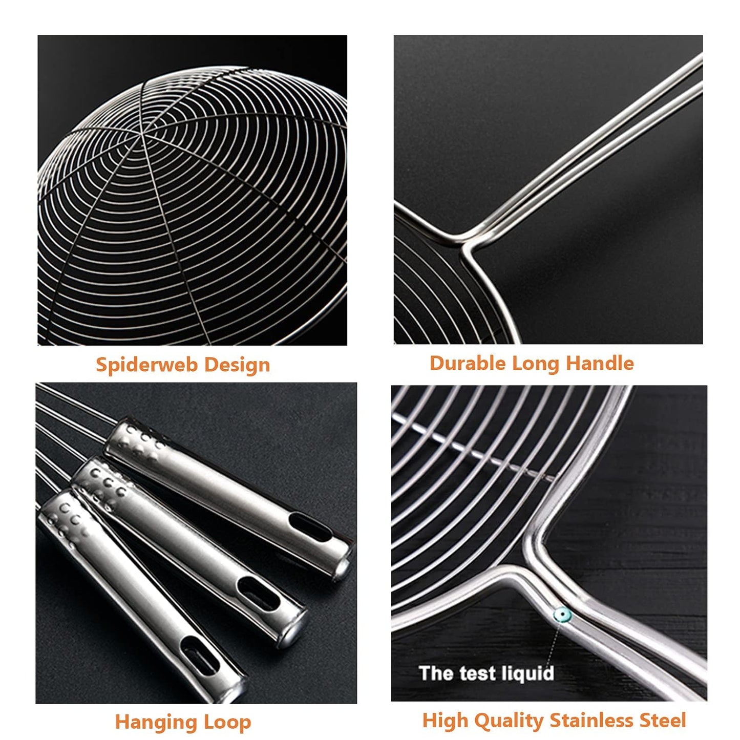 STL Steel Strainer Skimmer Ladle with Ergonomic Handle, Spider Mesh Filter, Solid Utensils Slotted Spoon for Kitchen, Frying Food, Pasta, Noodles, Spaghetti