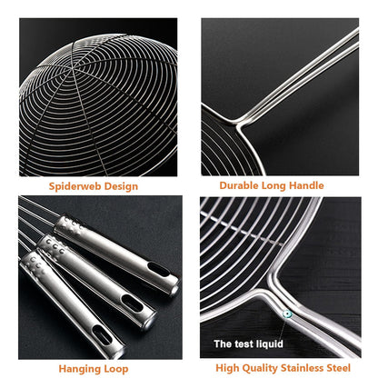STL Steel Strainer Skimmer Ladle with Ergonomic Handle, Spider Mesh Filter, Solid Utensils Slotted Spoon for Kitchen, Frying Food, Pasta, Noodles, Spaghetti
