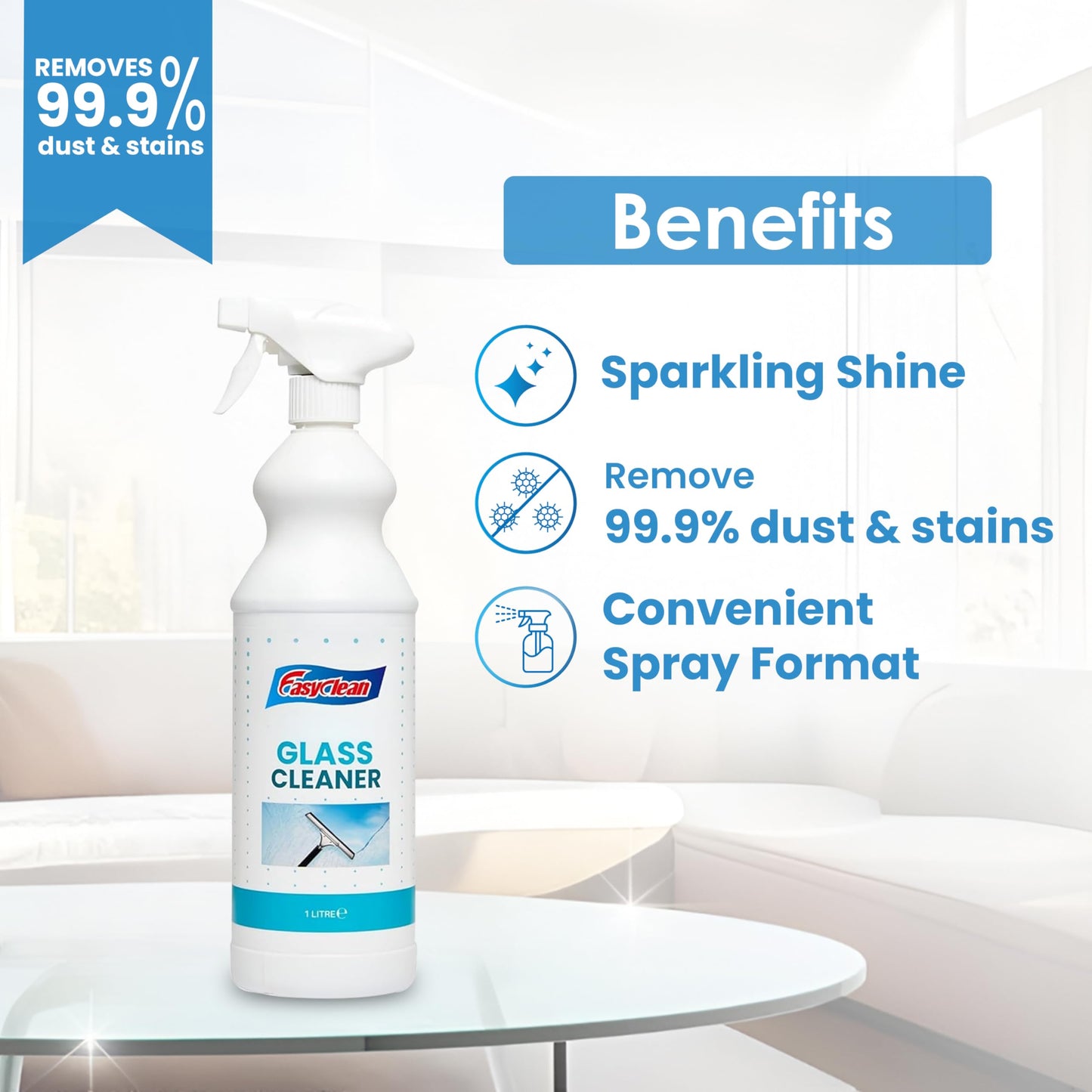 Easyclean Glass Cleaner Spray – 1 Litre Bottle | Powerful, Streak-Free Formula for Crystal Clear Windows, Mirrors, and Glass Surfaces | Ideal for Home, Office & Car Use