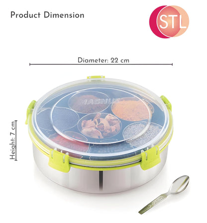 STL Masala Dabba (Spice Box) | Authentic Indian Style Stainless Steel Masala Dabba | with 7 Removable Compartments & 2 Spoons | See through Lid |