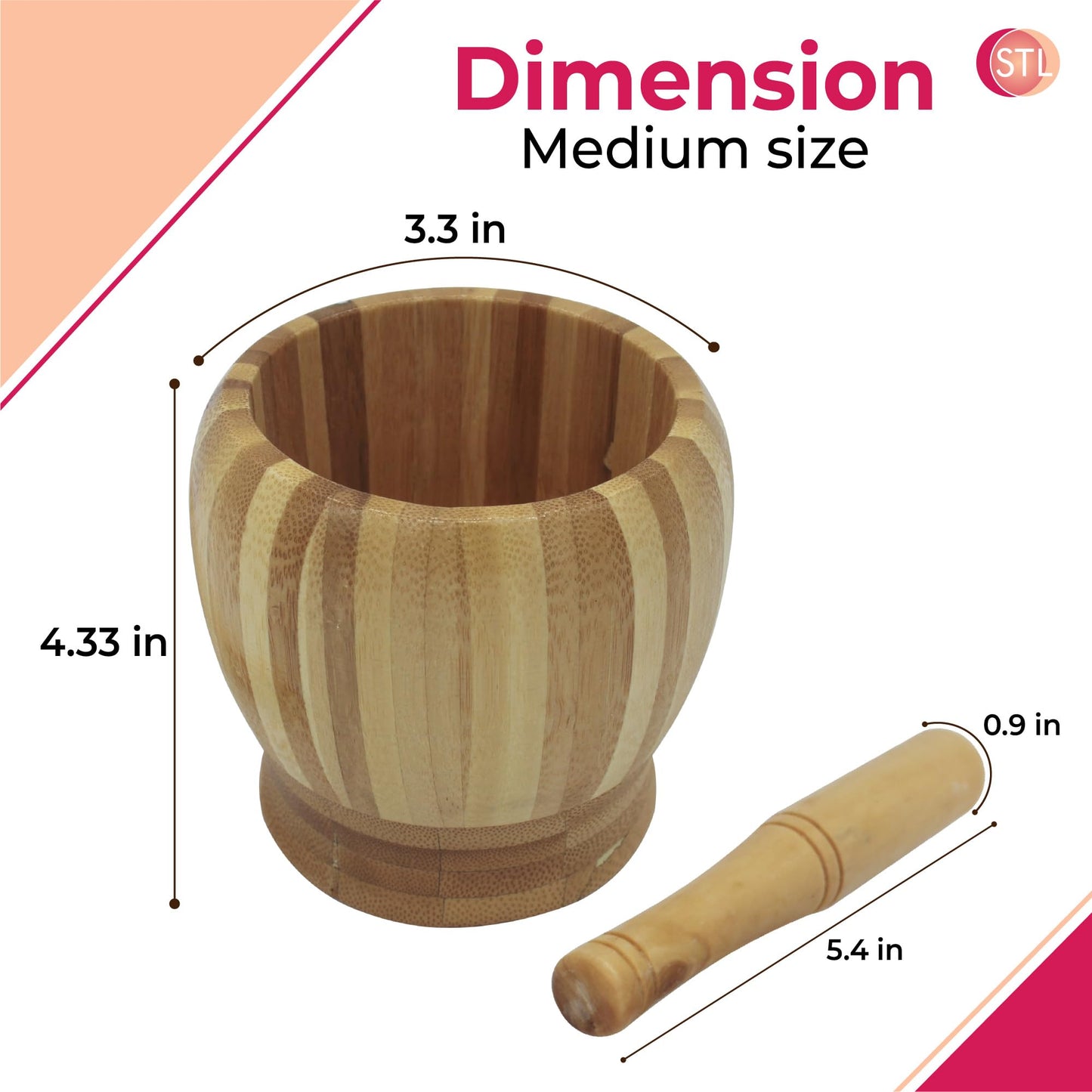 STL Bamboo Mortar and Pestle Set, Spice & Herb Crusher Grinder for Garlic, Pepper, Seeds, Nuts, and Chili, Perfect Kitchen Utensil and Housewarming Gift