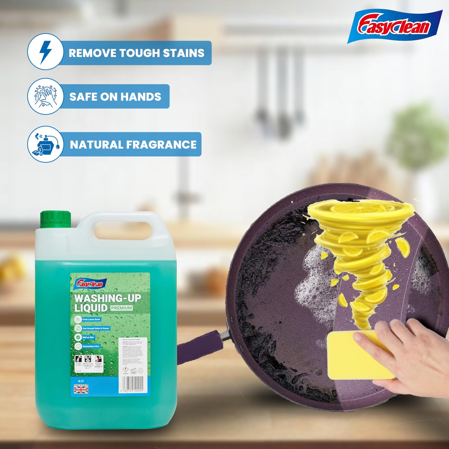 EasyClean Washing Up Liquid 5L Refill - Fresh Lemon Fragrance Non Bio & Skin Sensitive Friendly Dish Wash Cleaner Plant Based & Cruelty Free - Kitchens Cleaning Products