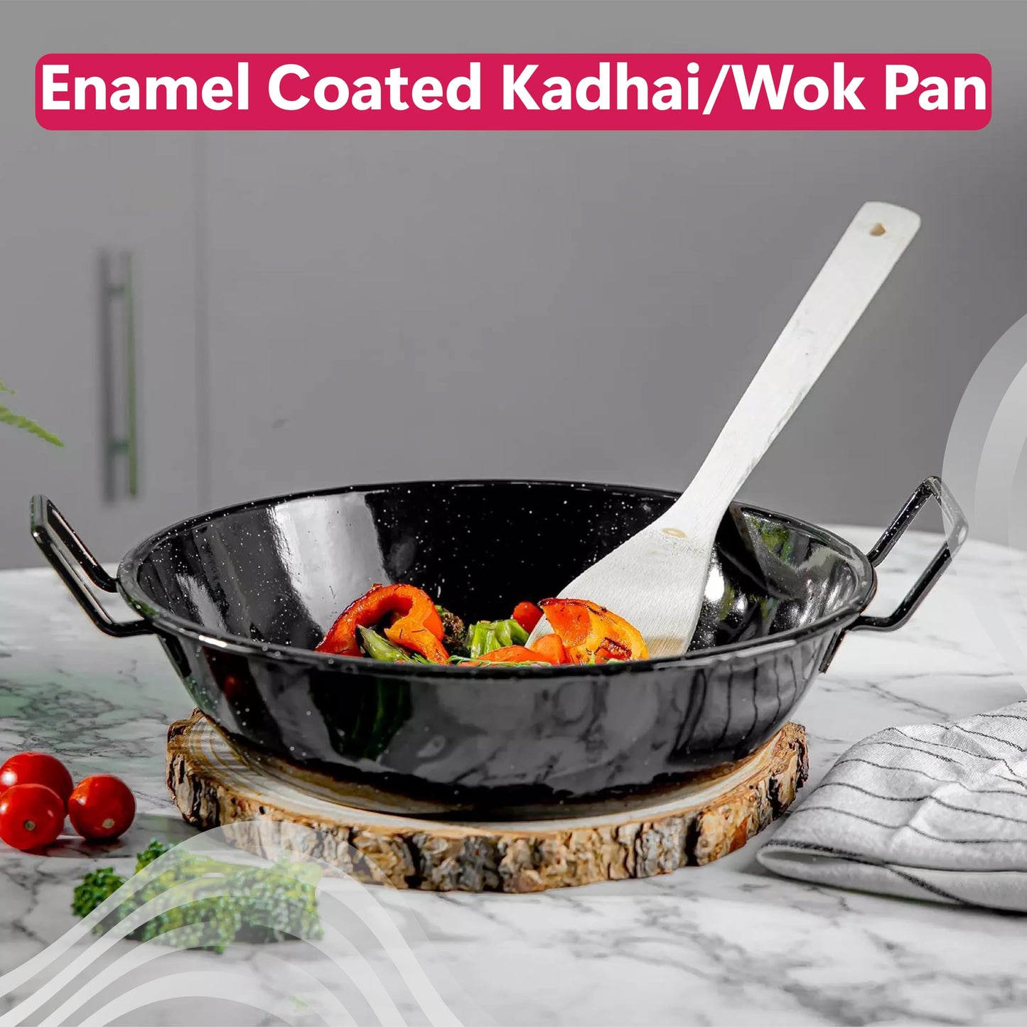 STL Enamel Non-Stick Wok Pan Kadhai with Raised Handles, Induction Safe, Flat Base for Even Heat Distribution, Heavy Duty Karahi for Shallow & Deep Frying, Black White Dots Design