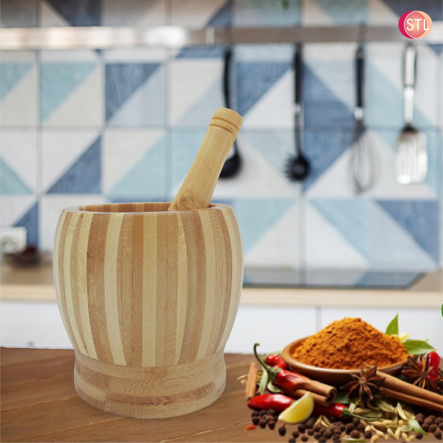 STL Bamboo Mortar and Pestle Set, Spice & Herb Crusher Grinder for Garlic, Pepper, Seeds, Nuts, and Chili, Perfect Kitchen Utensil and Housewarming Gift