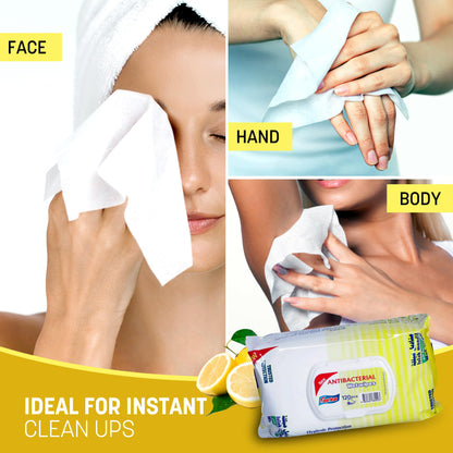 Easyclean Biodegradable Antibacterial Wipes, Multi-Purpose Cleaning Wipes for Hands, Surfaces & Germ Protection Lemon Fragrance, Resealable Pack for Home & On-the-Go Clean