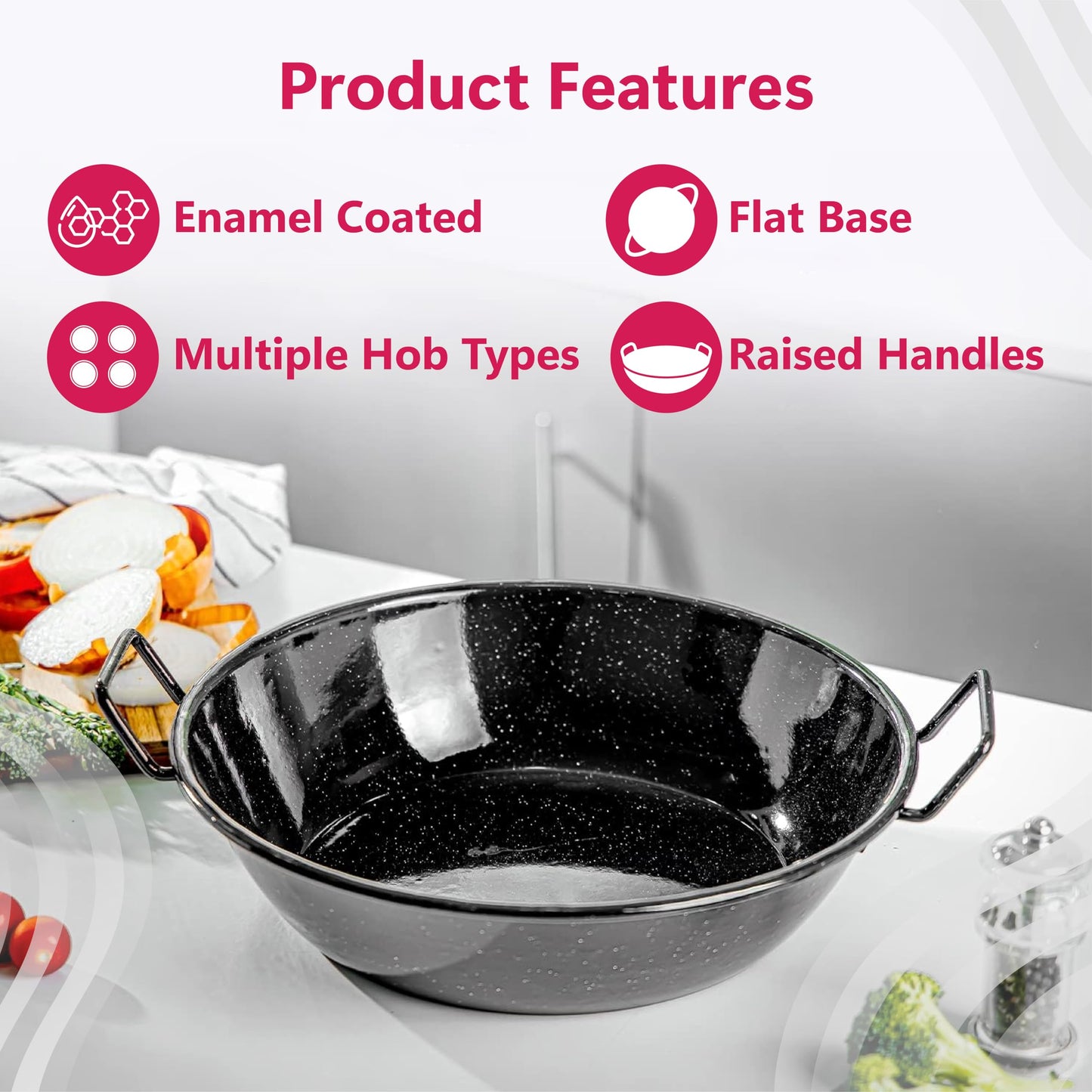 STL Enamel Non-Stick Wok Pan Kadhai with Raised Handles, Induction Safe, Flat Base for Even Heat Distribution, Heavy Duty Karahi for Shallow & Deep Frying, Black White Dots Design
