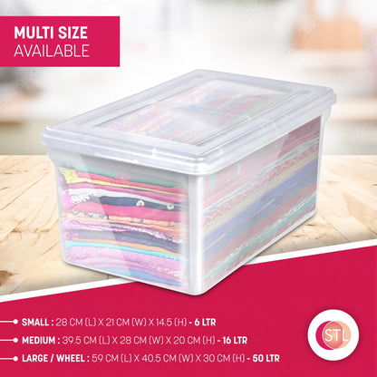 STL Pack of 3 Heavy-Duty Clear Plastic Storage Box with Lid, Stackable Storage Container for Home, Office, Kitchen, Toys Goods, Secure Clip-Lock Lid, Durable Transparent Design (6Ltr,16Ltr, 50Ltr)