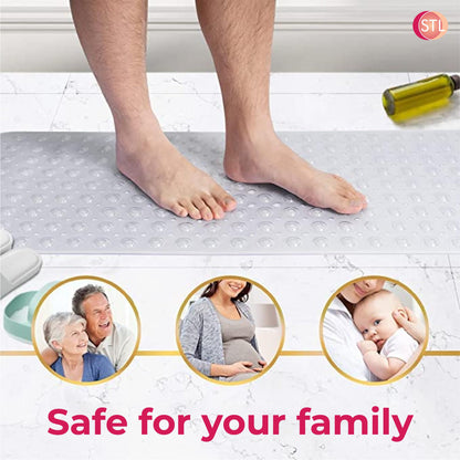 STL Extra Long Non Slip Bath Mat 40x70cm Anti Mold Shower Mat with Suction Cups & Drain Holes, Machine Washable, Safe for Kids & Elderly, Clear Bathroom & Bathtub Mat