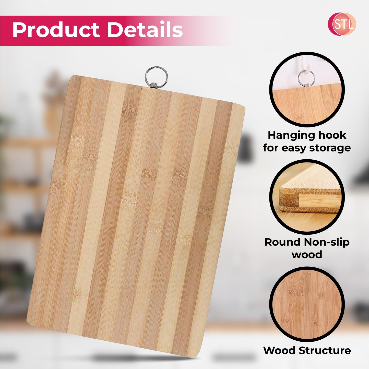 STL Premium Bamboo Wooden Chopping Board 3 Piece Set, Non-Slip Thick Cutting Panel for Meat, Vegetables, Cheeses, Bread, Lightweight Kitchen Board Ideal for Carving, Slicing and Food Preparation