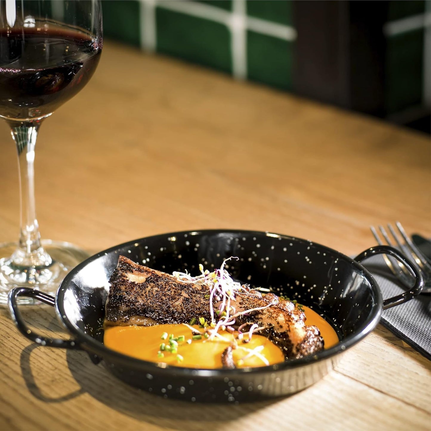 STL Enamel Non-Stick Wok Pan Kadhai with Raised Handles, Induction Safe, Flat Base for Even Heat Distribution, Heavy Duty Karahi for Shallow & Deep Frying, Black White Dots Design