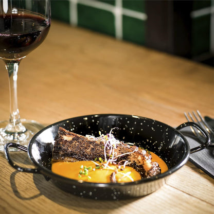 STL Enamel Non-Stick Wok Pan Kadhai with Raised Handles, Induction Safe, Flat Base for Even Heat Distribution, Heavy Duty Karahi for Shallow & Deep Frying, Black White Dots Design