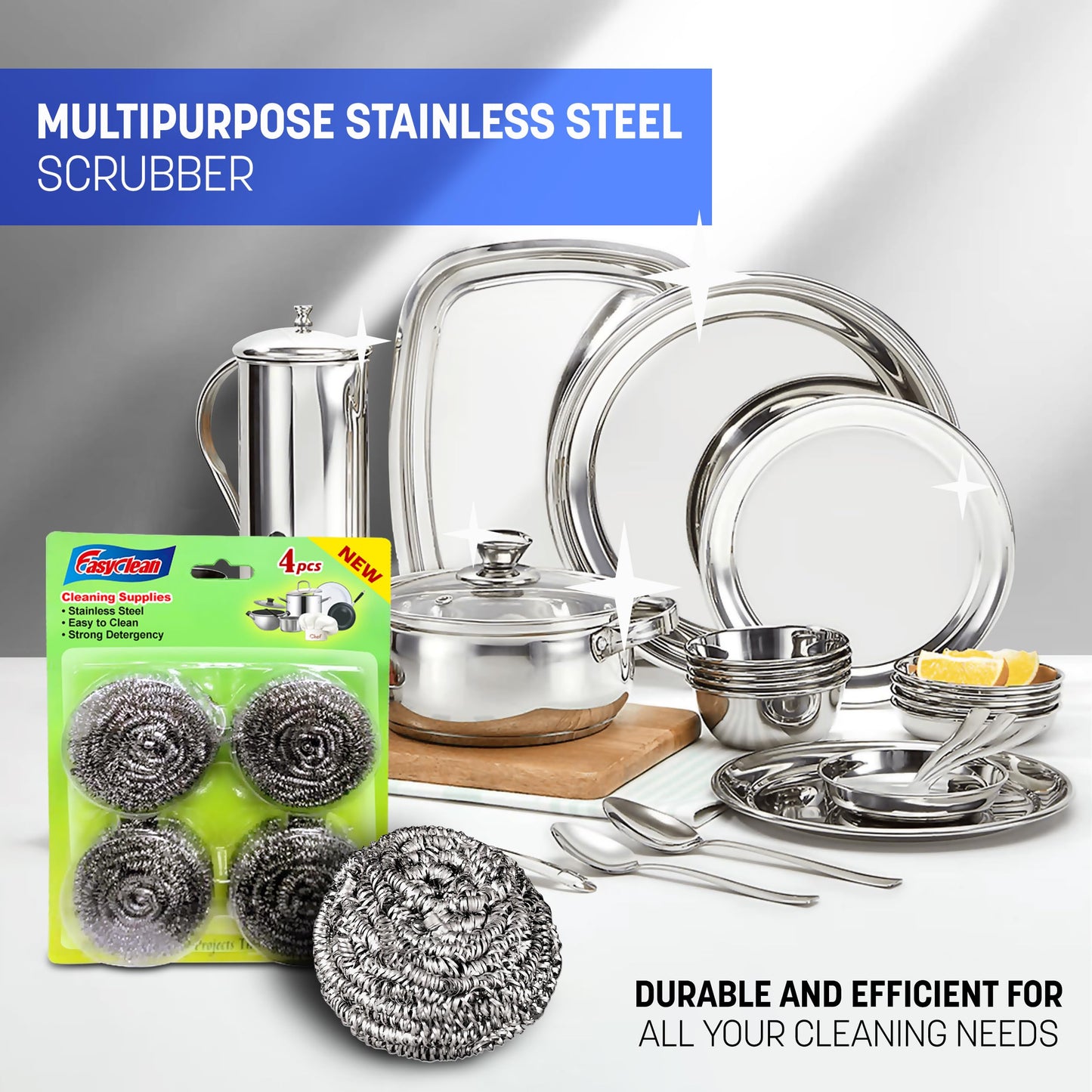 EasyClean 4pk Heavy Duty Spiral Steel Scourers,Metal Scourer Durable,Rust-Resistant,Reusable Cleaning Pads,Tough on Grease & Grime,Perfect for Cleaning Pots,Pans,Grills,Ovens & Tough Stains