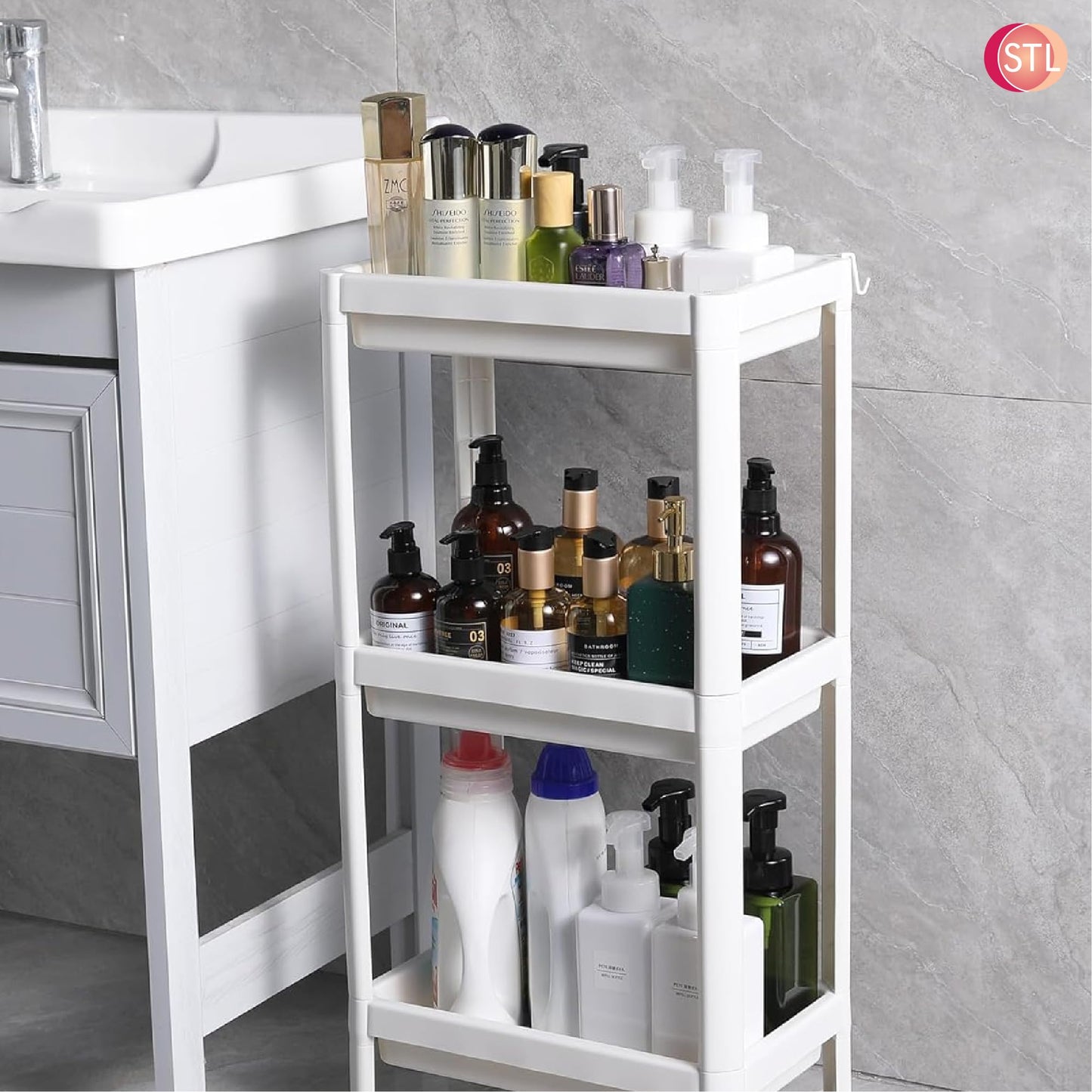 STL 3-Tier Plastic Storage Cart with 2 Sturdy Handle, Rolling Utility Cart with 3 Baskets, Space Saving Organizer for Kitchen, Bathroom, Office and Living Room