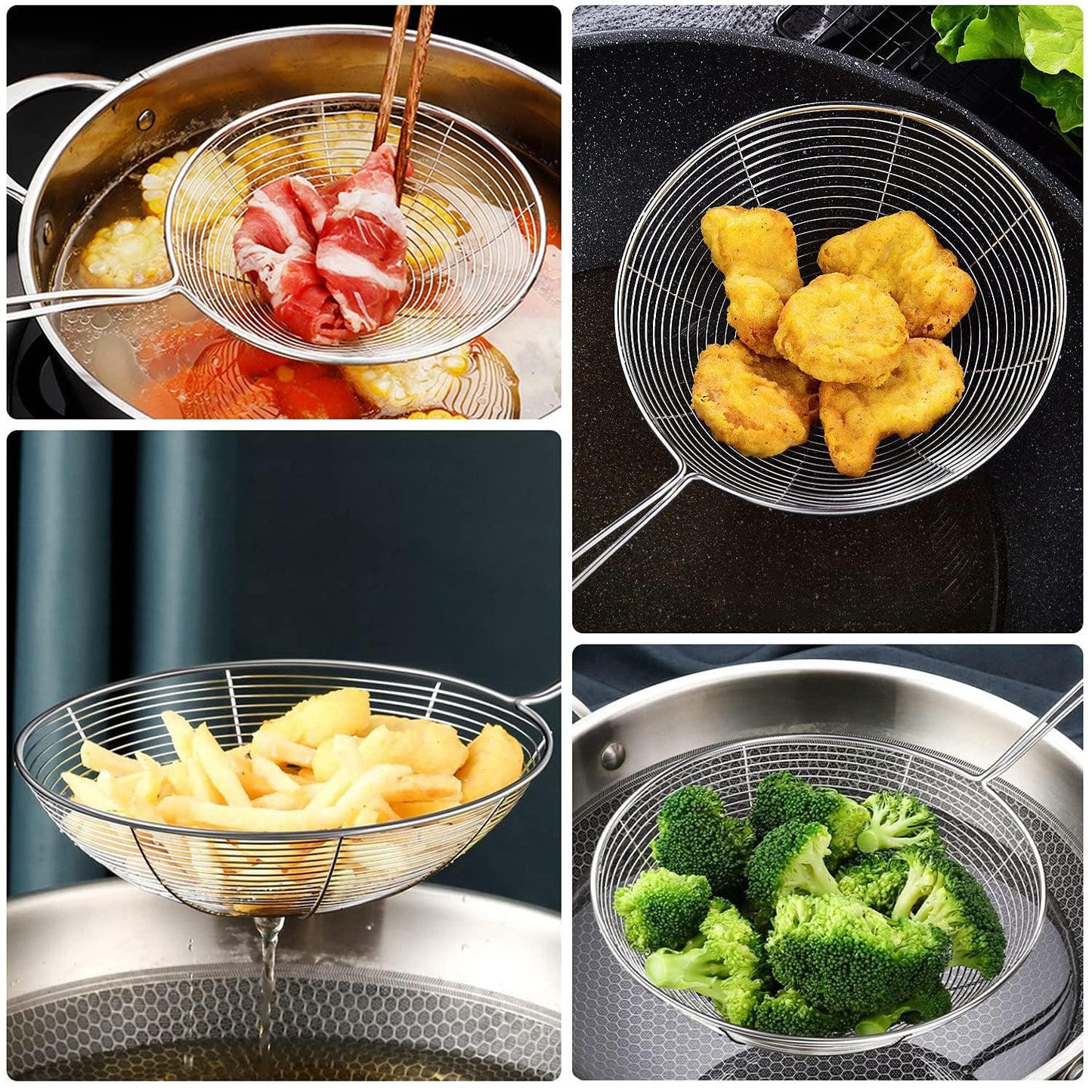 STL Steel Strainer Skimmer Ladle with Ergonomic Handle, Spider Mesh Filter, Solid Utensils Slotted Spoon for Kitchen, Frying Food, Pasta, Noodles, Spaghetti