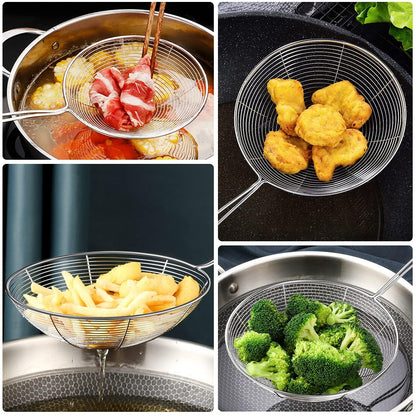 STL Steel Strainer Skimmer Ladle with Ergonomic Handle, Spider Mesh Filter, Solid Utensils Slotted Spoon for Kitchen, Frying Food, Pasta, Noodles, Spaghetti