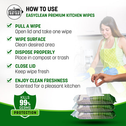 Easyclean Biodegradable Antibacterial Cleaning Wipes Kills 99.9% Bacteria & Viruses Thick, Moisture-Rich, Plastic-Free Scent Multi-Surface Use