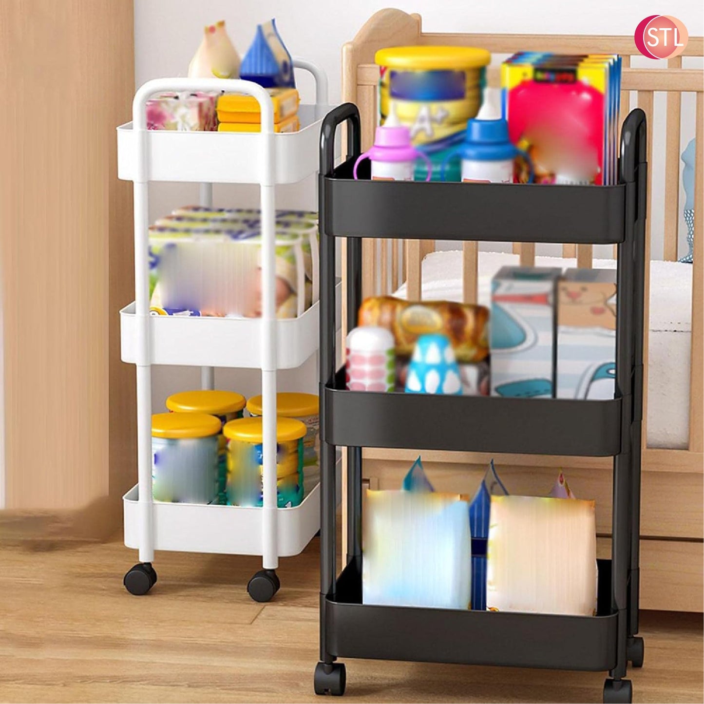 STL 3-Tier Plastic Storage Cart with 2 Sturdy Handle, Rolling Utility Cart with 3 Baskets, Space Saving Organizer for Kitchen, Bathroom, Office and Living Room