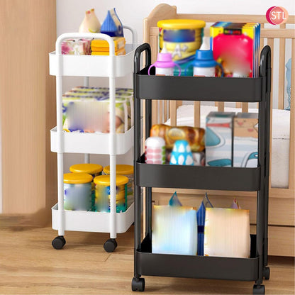 STL 3-Tier Plastic Storage Cart with 2 Sturdy Handle, Rolling Utility Cart with 3 Baskets, Space Saving Organizer for Kitchen, Bathroom, Office and Living Room