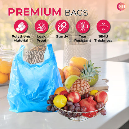 STL Heavy-Duty Blue Plastic Vest Carrier Bags with Handles, Tear-Resistant and Leak-Proof Multi-Purpose Bags for Groceries, Shopping, Takeaways, and Storage