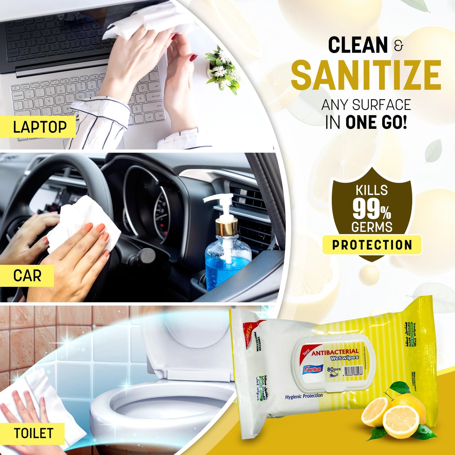 Easyclean Biodegradable Antibacterial Wipes, Multi-Purpose Cleaning Wipes for Hands, Surfaces & Germ Protection Lemon Fragrance, Resealable Pack for Home & On-the-Go Clean