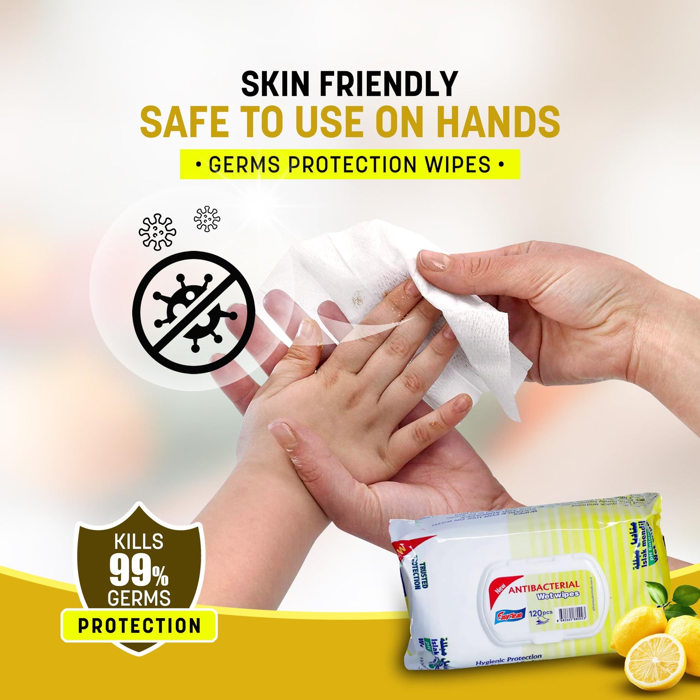 Easyclean Biodegradable Antibacterial Wipes, Multi-Purpose Cleaning Wipes for Hands, Surfaces & Germ Protection Lemon Fragrance, Resealable Pack for Home & On-the-Go Clean