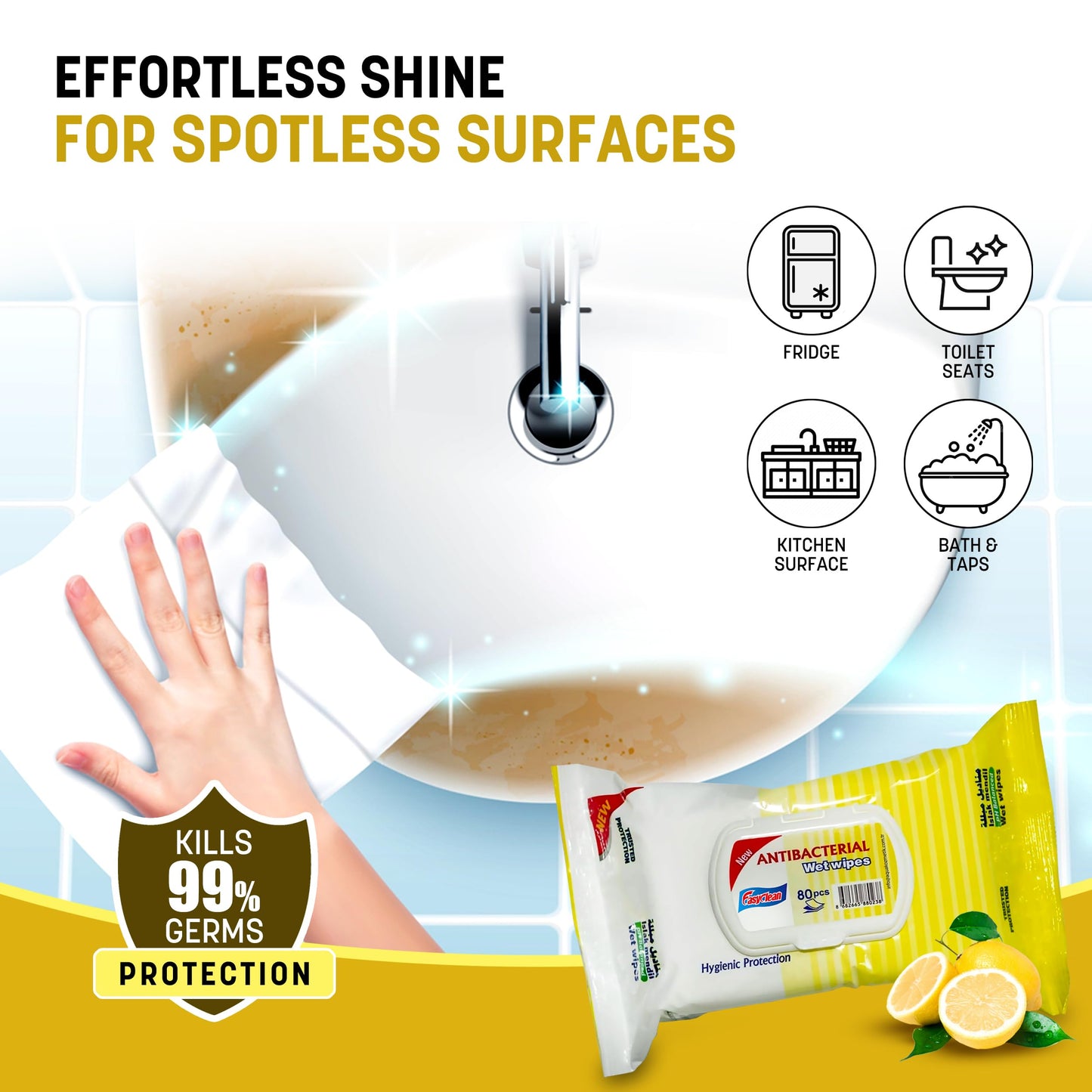 Easyclean Biodegradable Antibacterial Wipes, Multi-Purpose Cleaning Wipes for Hands, Surfaces & Germ Protection Lemon Fragrance, Resealable Pack for Home & On-the-Go Clean