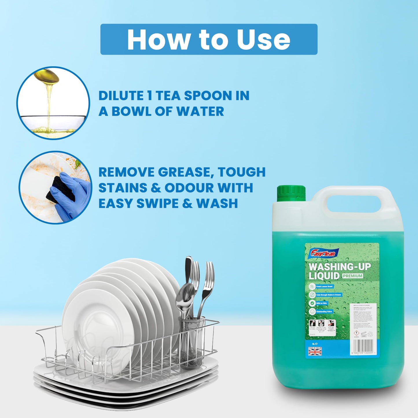 EasyClean Washing Up Liquid 5L Refill - Fresh Lemon Fragrance Non Bio & Skin Sensitive Friendly Dish Wash Cleaner Plant Based & Cruelty Free - Kitchens Cleaning Products