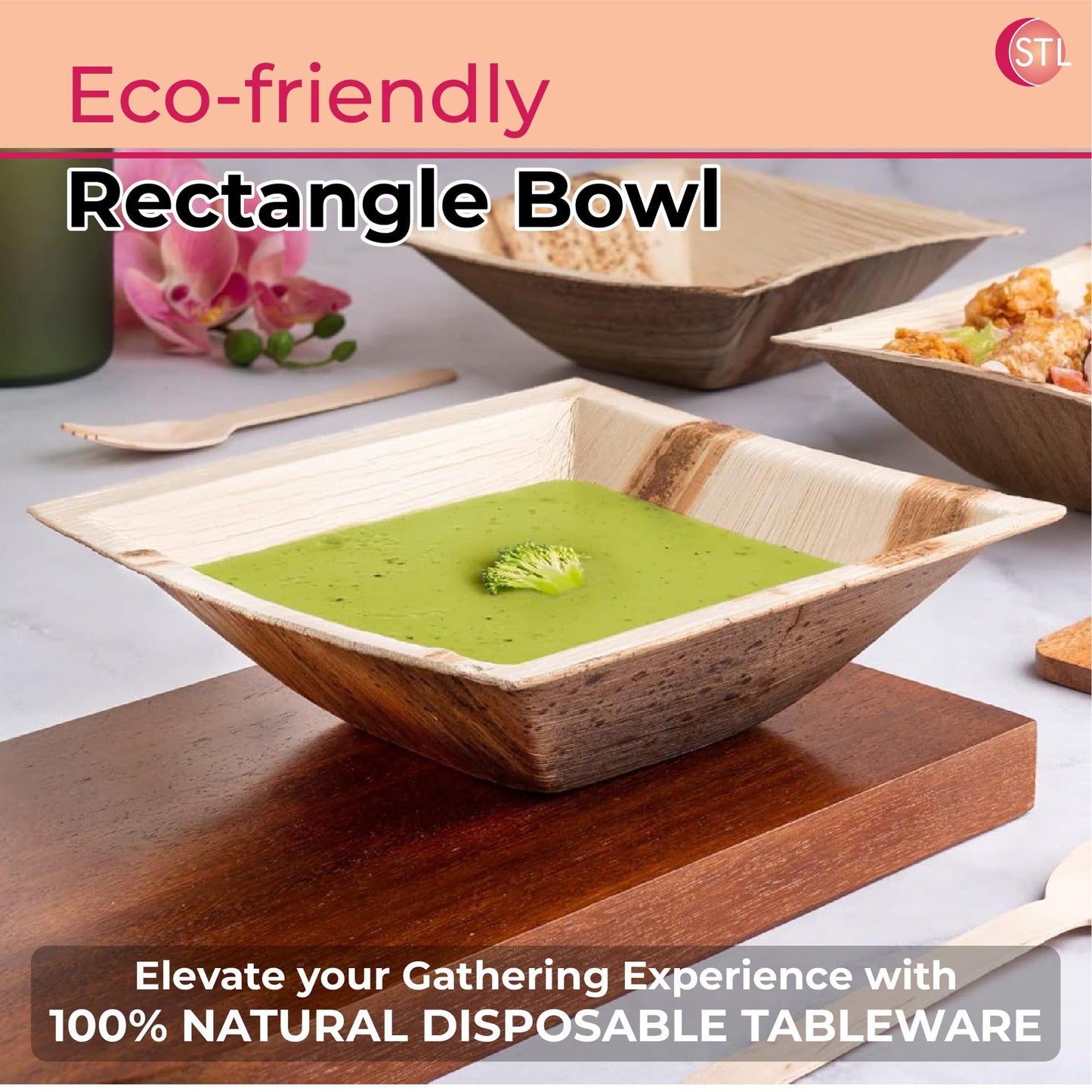 STL 25-Pack Disposable Palm Leaf Bowl, Sustainable, Microwave & Freezer Safe, Ideal for Desserts, Salads, & Snacks, Eco-Conscious Party & Event Tableware