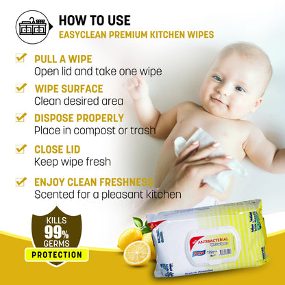 Easyclean Biodegradable Antibacterial Wipes, Multi-Purpose Cleaning Wipes for Hands, Surfaces & Germ Protection Lemon Fragrance, Resealable Pack for Home & On-the-Go Clean