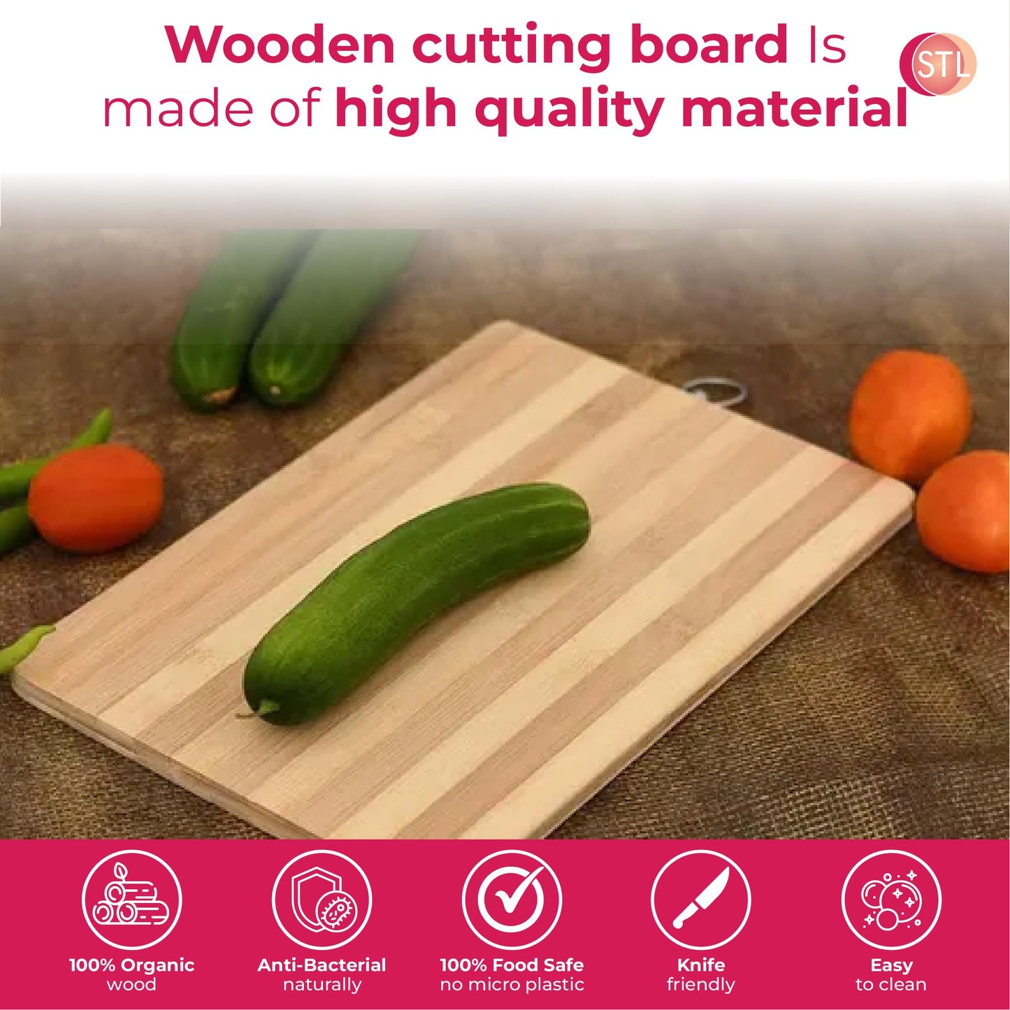 STL Premium Bamboo Wooden Chopping Board 5 Piece Set, Non-Slip Thick Cutting Panel for Meat, Vegetables, Cheeses, Bread, Lightweight Kitchen Board Ideal for Carving, Slicing and Food Preparation