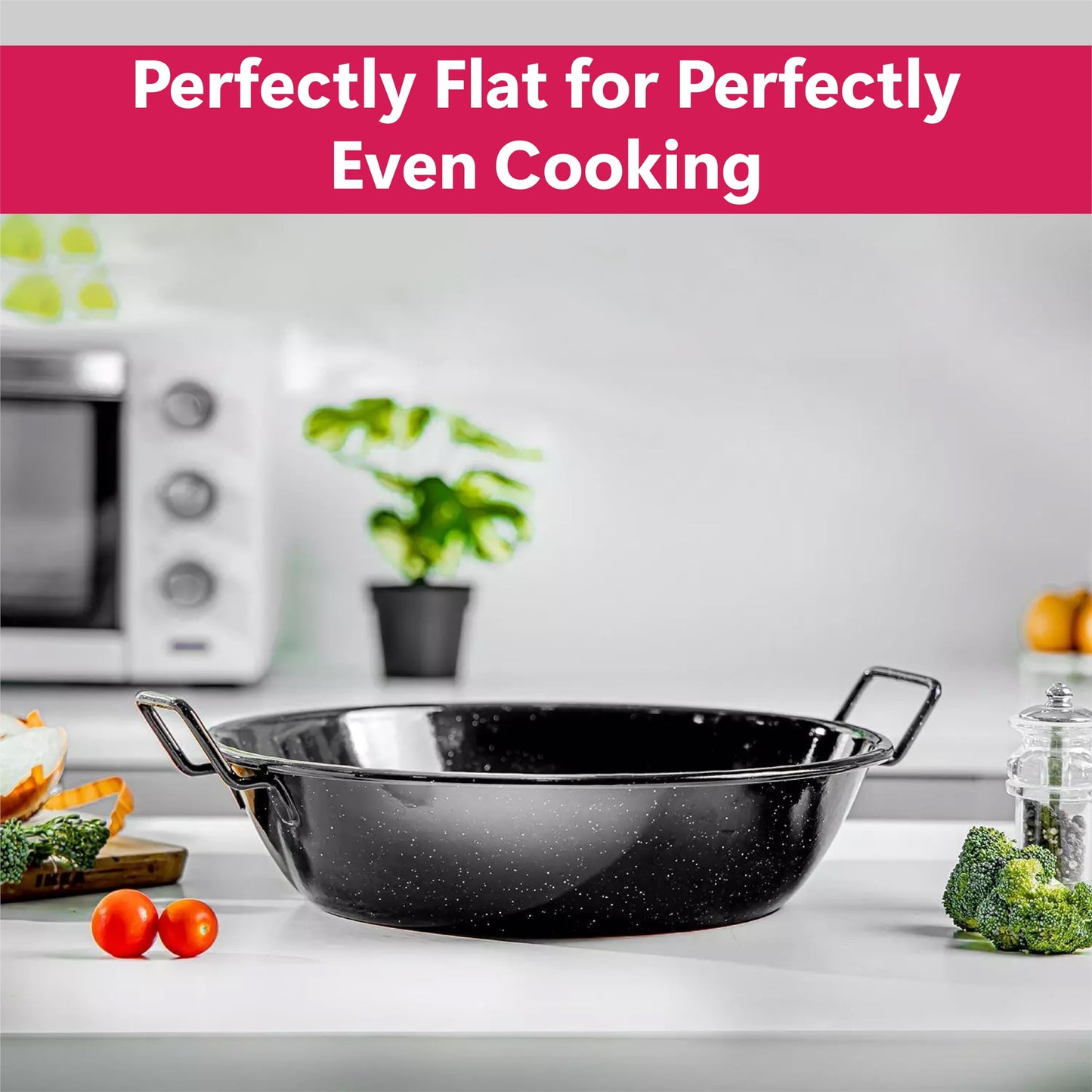 STL Enamel Non-Stick Wok Pan Kadhai with Raised Handles, Induction Safe, Flat Base for Even Heat Distribution, Heavy Duty Karahi for Shallow & Deep Frying, Black White Dots Design