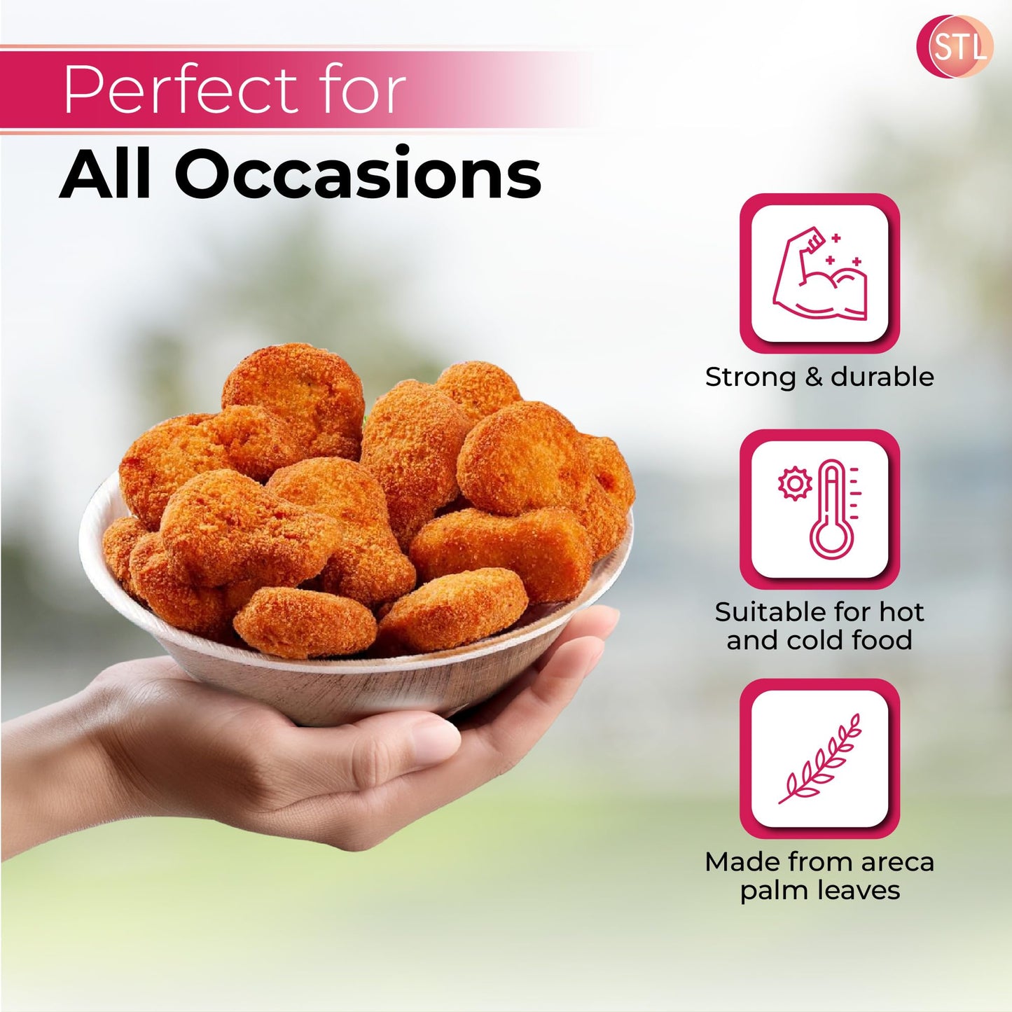 STL 25-Pack Disposable Palm Leaf Bowl, Sustainable, Microwave & Freezer Safe, Ideal for Desserts, Salads, & Snacks, Eco-Conscious Party & Event Tableware