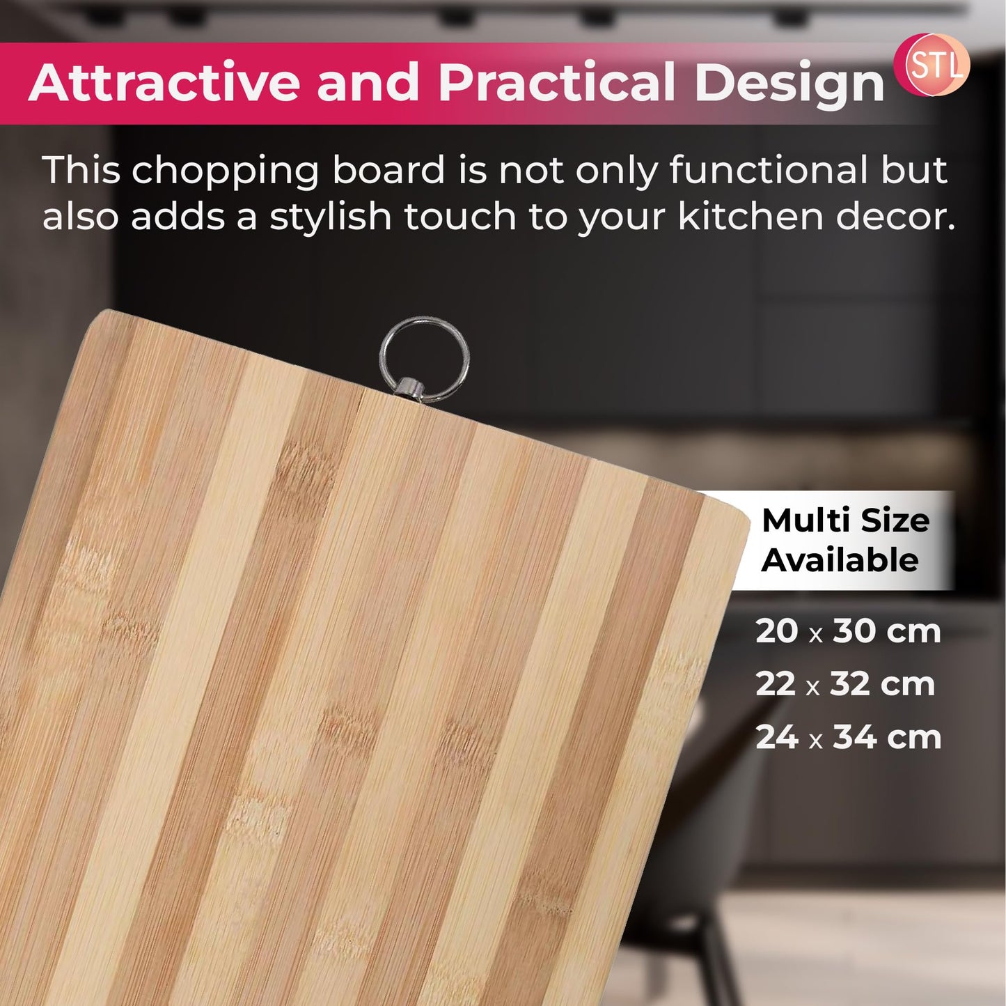 STL Premium Bamboo Wooden Chopping Board 3 Piece Set, Non-Slip Thick Cutting Panel for Meat, Vegetables, Cheeses, Bread, Lightweight Kitchen Board Ideal for Carving, Slicing and Food Preparation