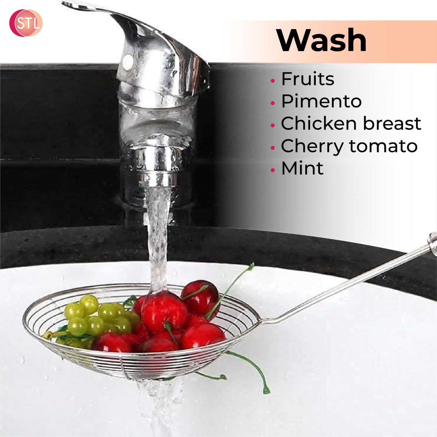 STL Steel Strainer Skimmer Ladle with Ergonomic Handle, Spider Mesh Filter, Solid Utensils Slotted Spoon for Kitchen, Frying Food, Pasta, Noodles, Spaghetti