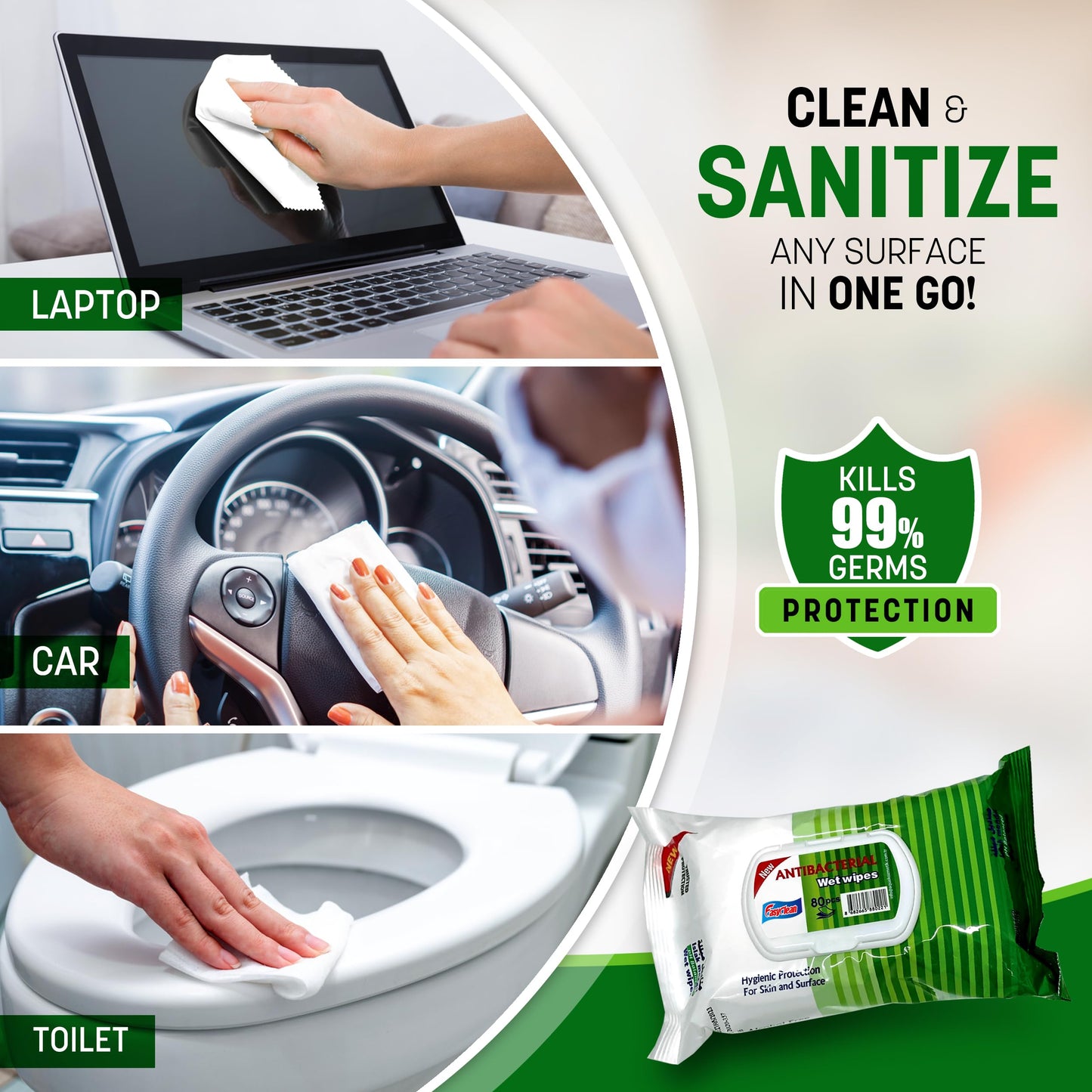 Easyclean Biodegradable Antibacterial Cleaning Wipes Kills 99.9% Bacteria & Viruses Thick, Moisture-Rich, Plastic-Free Scent Multi-Surface Use
