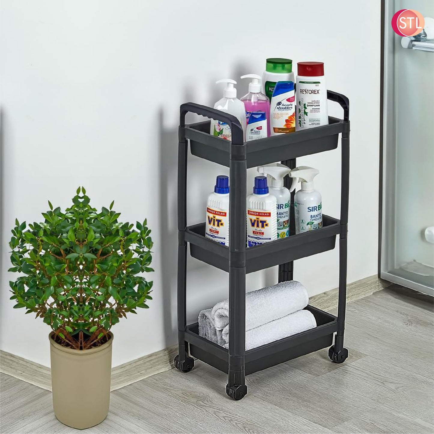 STL 3-Tier Plastic Storage Cart with 2 Sturdy Handle, Rolling Utility Cart with 3 Baskets, Space Saving Organizer for Kitchen, Bathroom, Office and Living Room