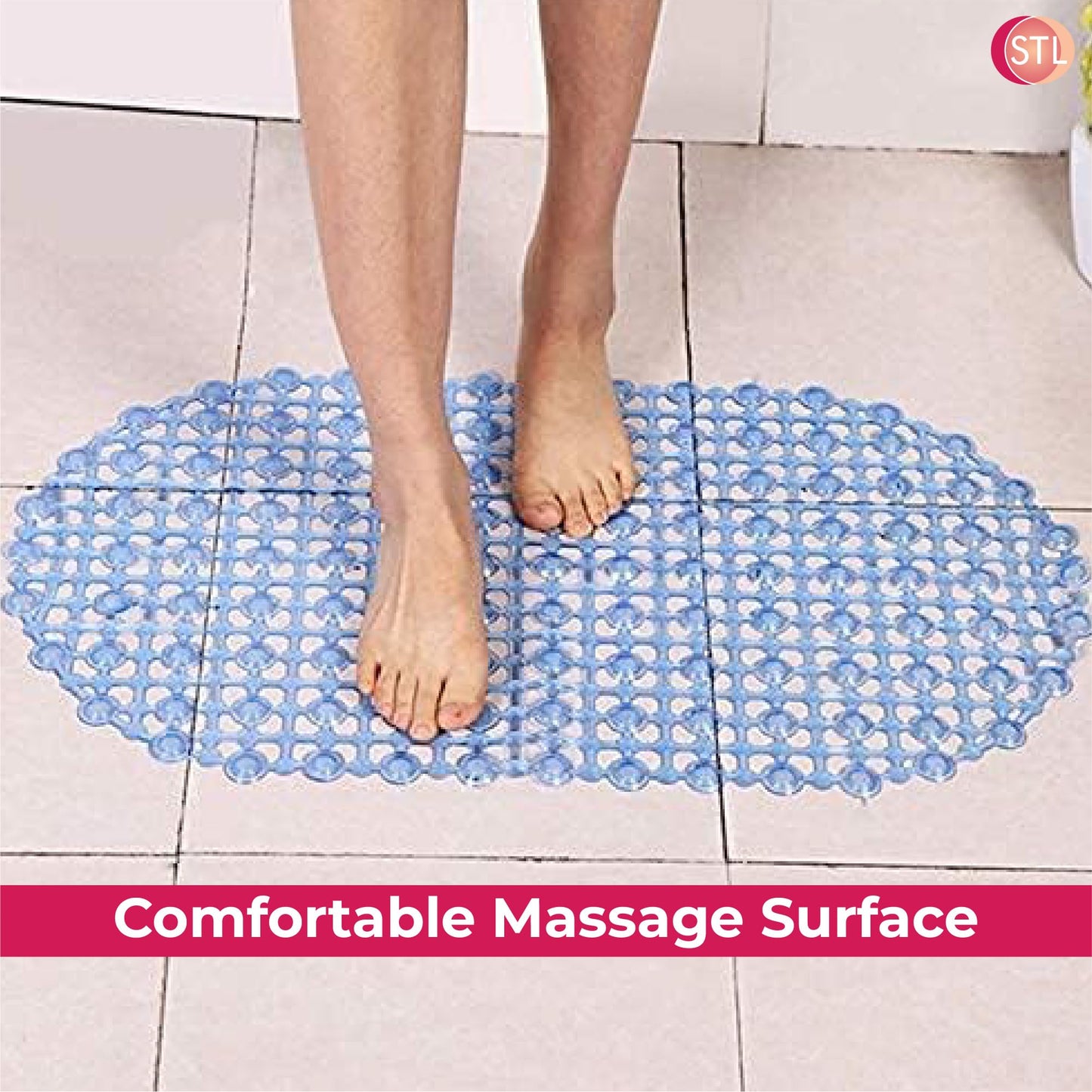 STL Crystal Non Slip Suction Cup Shower Mat, Anti Slip PVC Floor Mat for Inside Bathroom, Soft & Washable with Drain Holes, Massage Surface for Comfort, Powerful Grip for Elderly & Children