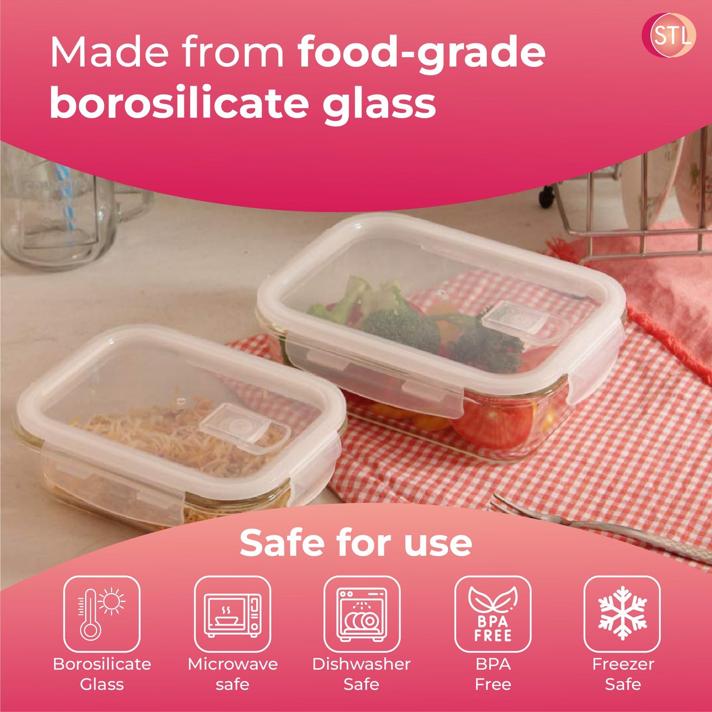 STL Food Storage Containers Smart-Locking System Lid For Lunch Boxes Kitchen, Pantry Microwave & Freezer Safe - Glass Leak Proof containers BPA Free