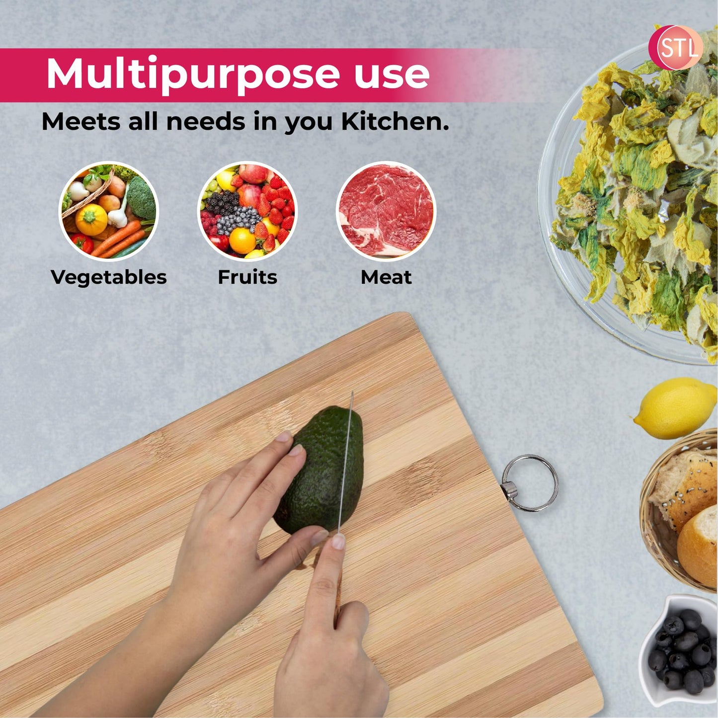 STL Premium Bamboo Wooden Chopping Board, Non-Slip Thick Cutting Panel for Meat, Vegetables, Cheeses, Bread, Lightweight Kitchen Board Ideal for Carving, Slicing and Food Preparation, Multipack