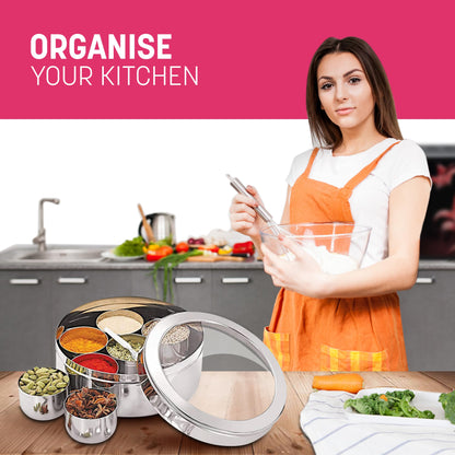 STL Masala Dabba (Spice Box) | Authentic Indian Style Stainless Steel Masala Dabba | with 7 Removable Compartments & 2 Spoons | See through Lid |