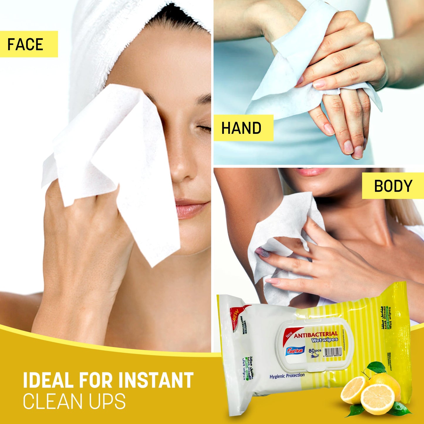 Easyclean Biodegradable Antibacterial Wipes, Multi-Purpose Cleaning Wipes for Hands, Surfaces & Germ Protection Lemon Fragrance, Resealable Pack for Home & On-the-Go Clean