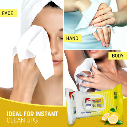 Easyclean Biodegradable Antibacterial Wipes, Multi-Purpose Cleaning Wipes for Hands, Surfaces & Germ Protection Lemon Fragrance, Resealable Pack for Home & On-the-Go Clean