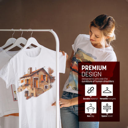 STL Premium Wooden Clothes Hangers Set of 6, Wide Shoulder Support, Rotating Chrome Hook, Heavy Duty Non Slip Trouser Bar & Space Saving Design, Ideal for Suits, Blazers, Shirts & Jackets, White