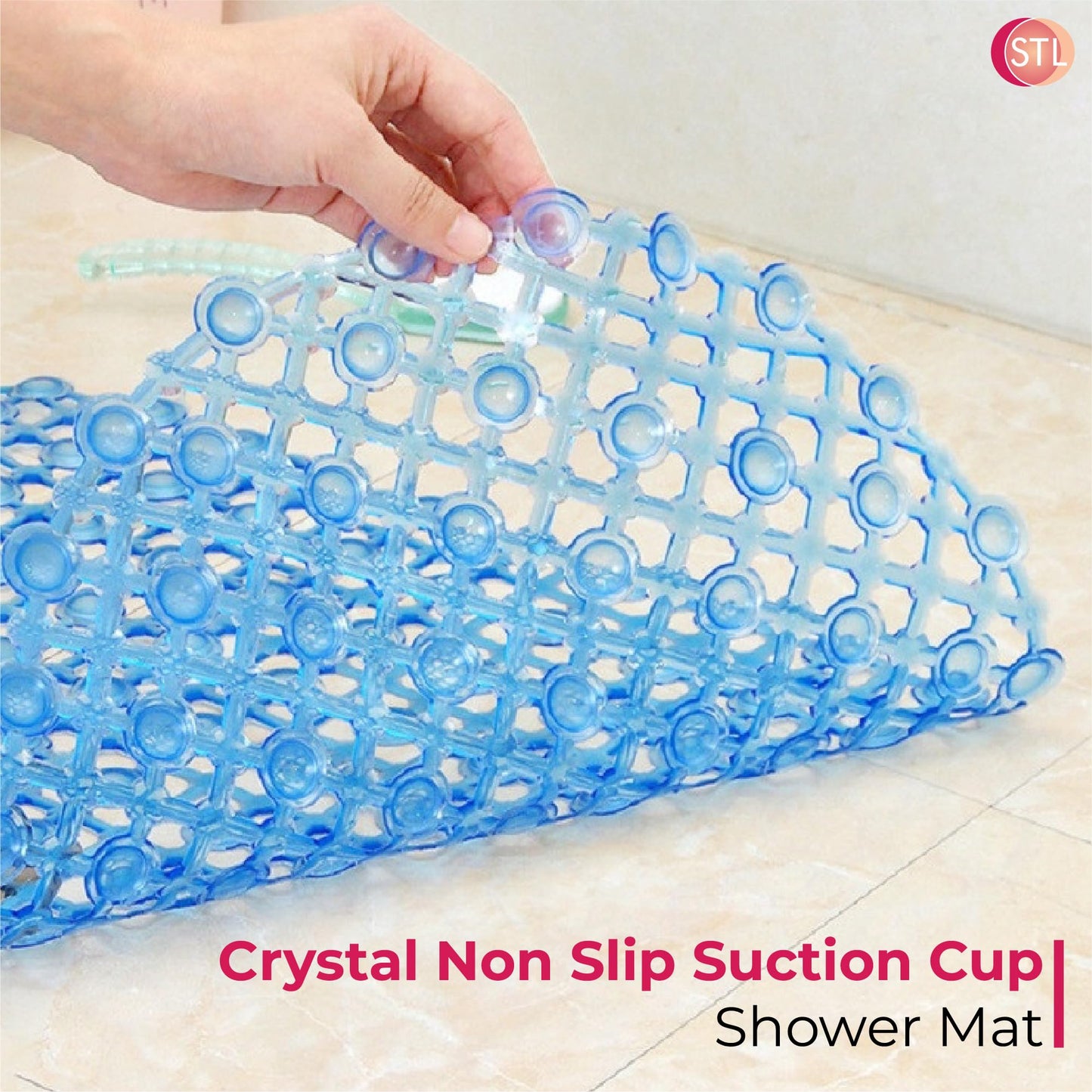 STL Crystal Non Slip Suction Cup Shower Mat, Anti Slip PVC Floor Mat for Inside Bathroom, Soft & Washable with Drain Holes, Massage Surface for Comfort, Powerful Grip for Elderly & Children