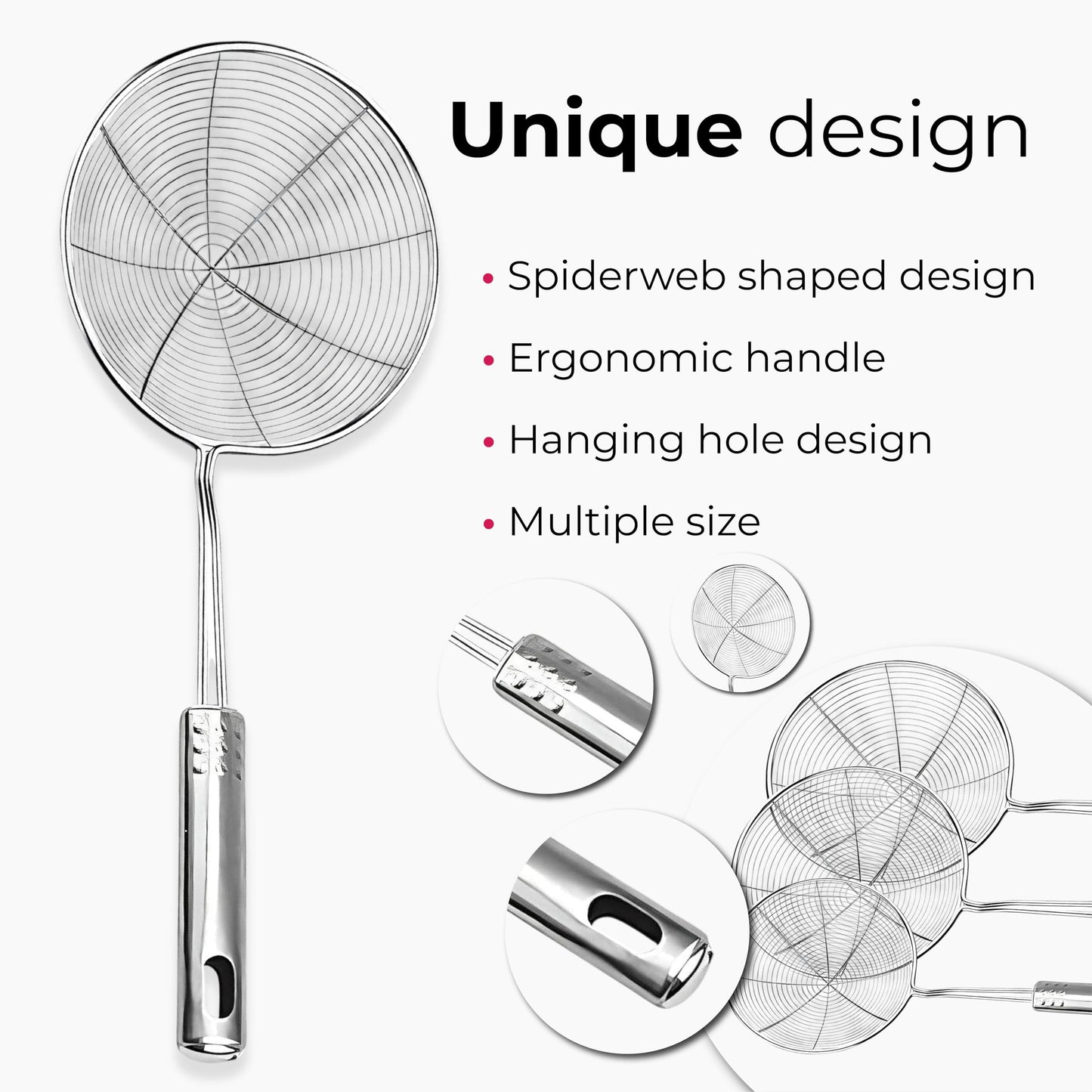 STL Steel Strainer Skimmer Ladle with Ergonomic Handle, Spider Mesh Filter, Solid Utensils Slotted Spoon for Kitchen, Frying Food, Pasta, Noodles, Spaghetti