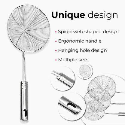 STL Steel Strainer Skimmer Ladle with Ergonomic Handle, Spider Mesh Filter, Solid Utensils Slotted Spoon for Kitchen, Frying Food, Pasta, Noodles, Spaghetti