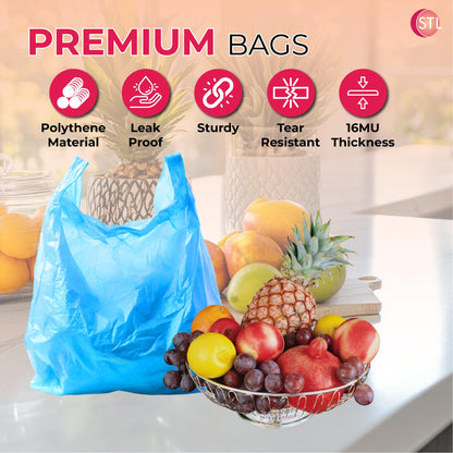 STL Heavy-Duty Blue Plastic Vest Carrier Bags with Handles, Tear-Resistant and Leak-Proof Multi-Purpose Bags for Groceries, Shopping, Takeaways, and Storage