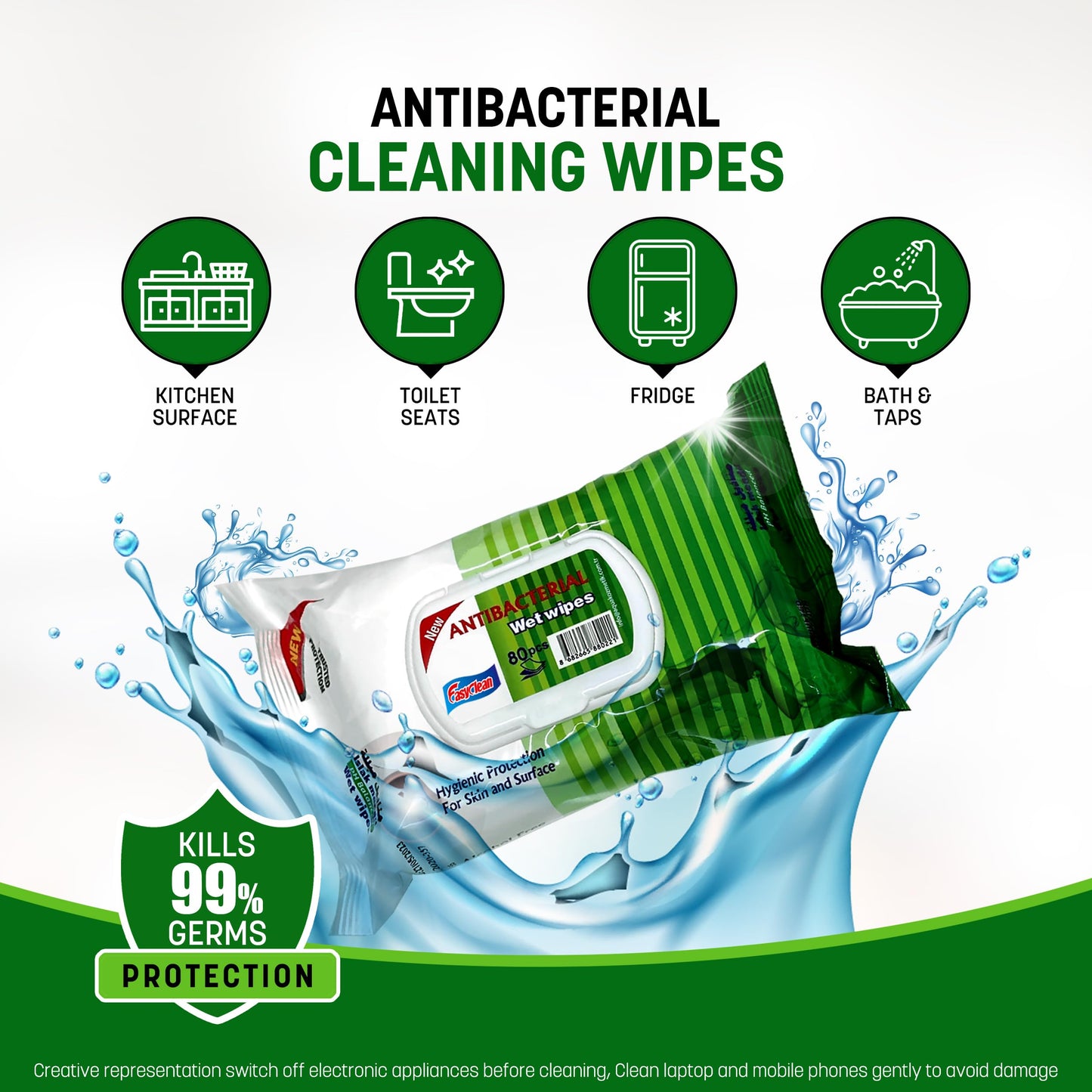 Easyclean Biodegradable Antibacterial Cleaning Wipes Kills 99.9% Bacteria & Viruses Thick, Moisture-Rich, Plastic-Free Scent Multi-Surface Use
