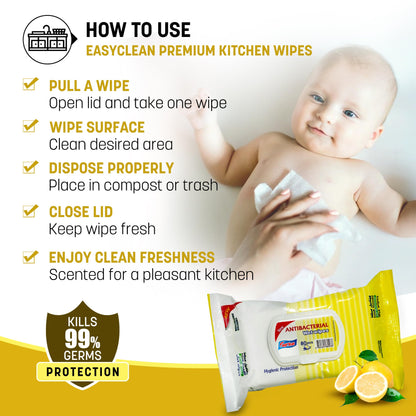 Easyclean Biodegradable Antibacterial Wipes, Multi-Purpose Cleaning Wipes for Hands, Surfaces & Germ Protection Lemon Fragrance, Resealable Pack for Home & On-the-Go Clean
