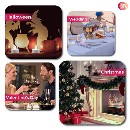 STL Battery Operated Flameless LED Tea Lights Candles, Warm Yellow Flickering Light, 150+ Hours Continuous Use, Safe and Realistic, Perfect for Weddings, Parties and Seasonal Decorations